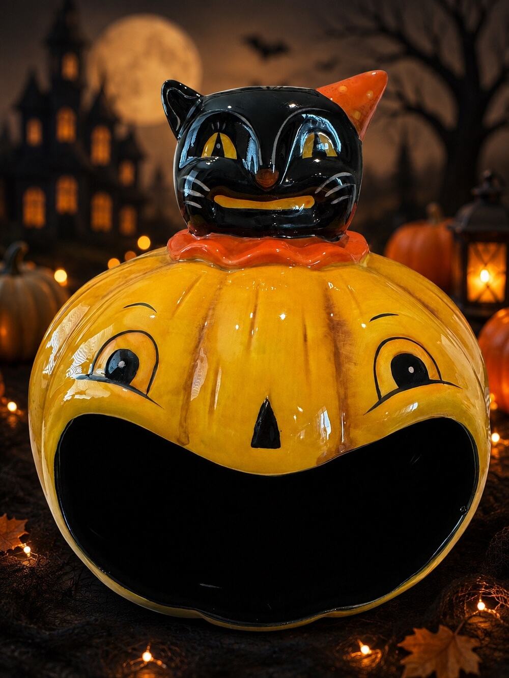 NEW Johanna Parker Halloween Ceramic Pumpkin Candy Bowl Black Cat Large Size